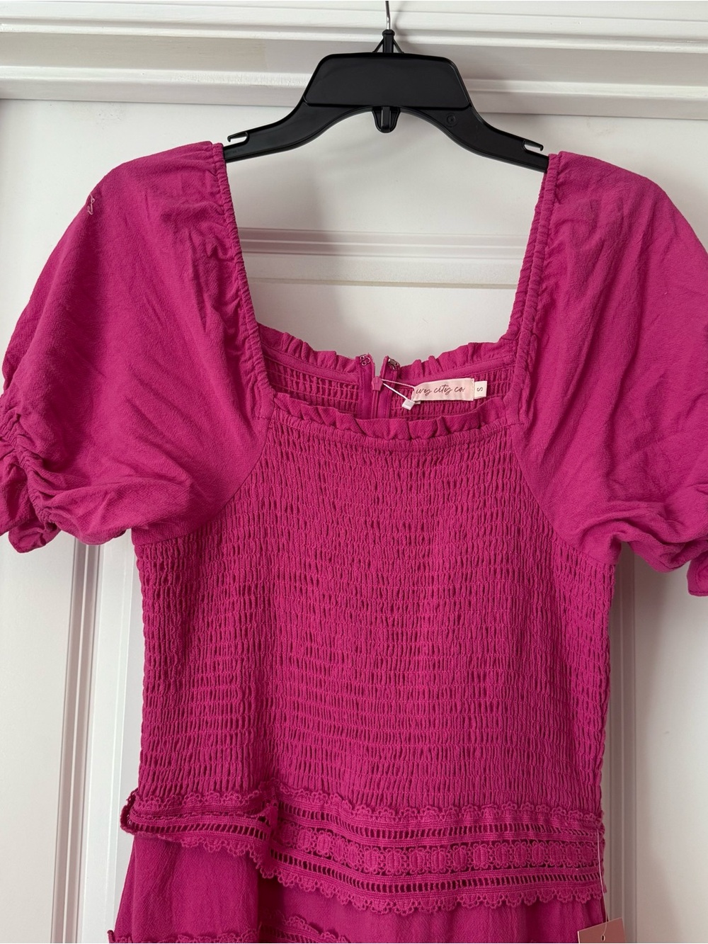 Ivy City Co Fuchsia Puff-Sleeve Tiered Midi Dress - Picture 3 of 9